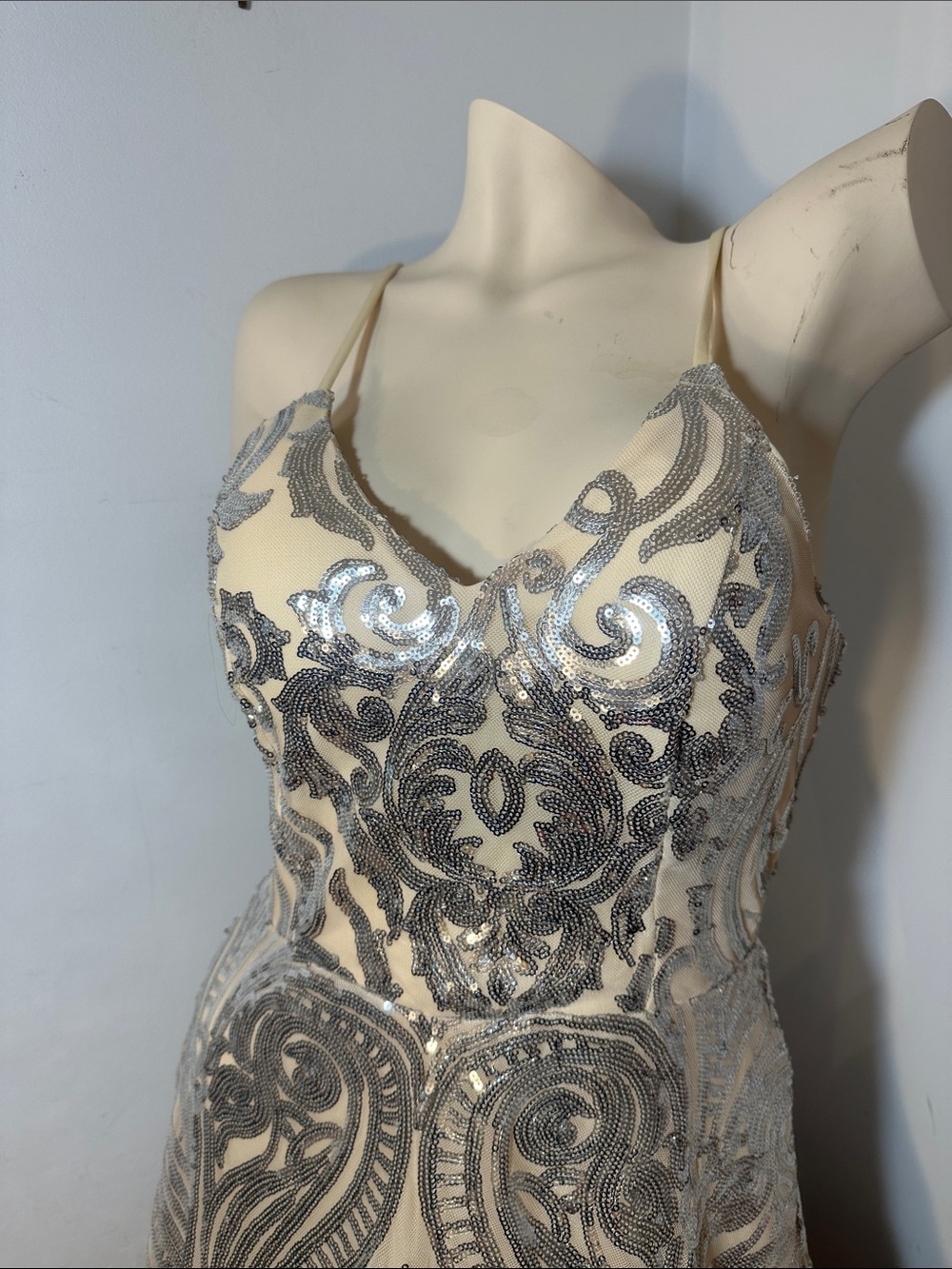 Silver Sequin Nude Mini Dress with Spaghetti Straps